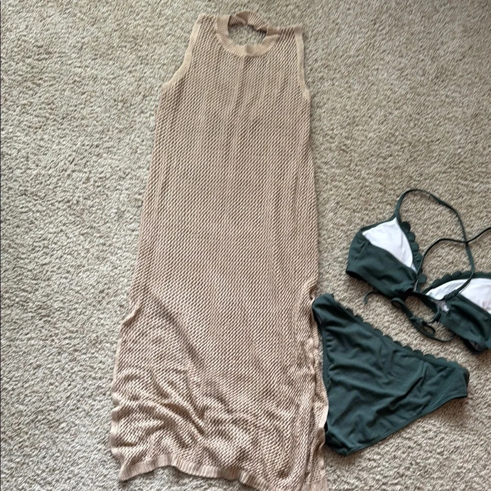 Green scalloped Bikini Set with Lace-Up Top and midi coverup - Picture 5 of 6